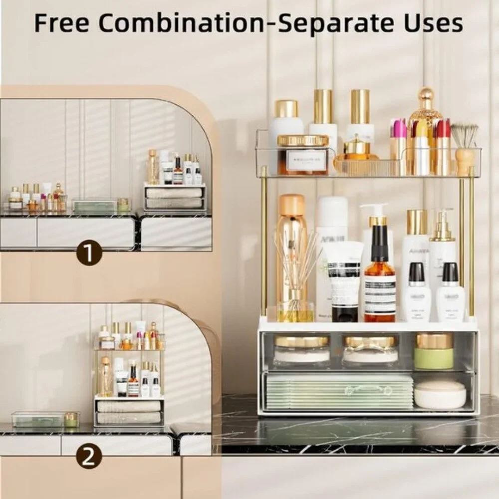 New 4-Tier Clear Bathroom Organizer, 2-Drawer Makeup & Skincare Vanity Storage